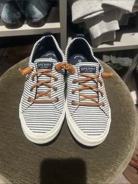 Sperry Navy and White Striped Boat Sneakers with Brown Laces
